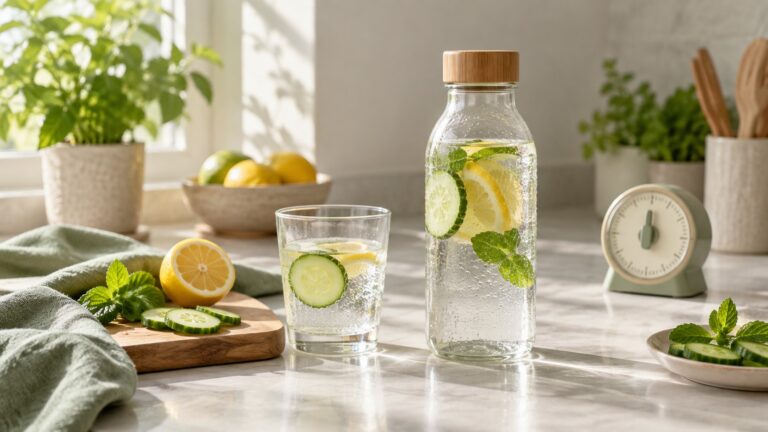 Reusable water bottle and glass prepared for a short daily hydration routine