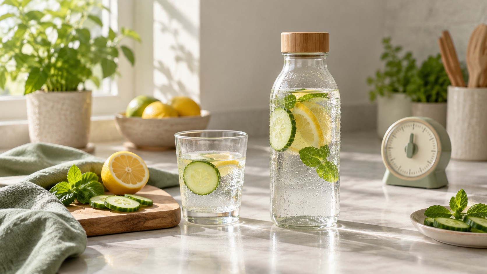 Reusable water bottle and glass prepared for a short daily hydration routine