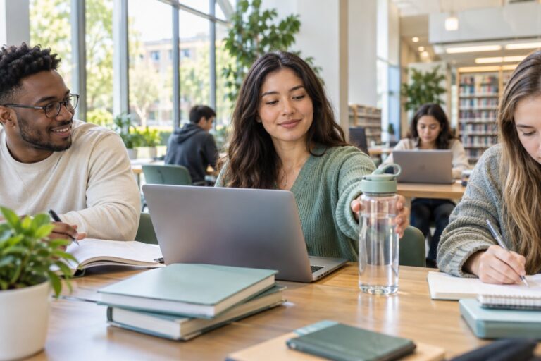 College students studying with a reusable water bottle in a campus library
