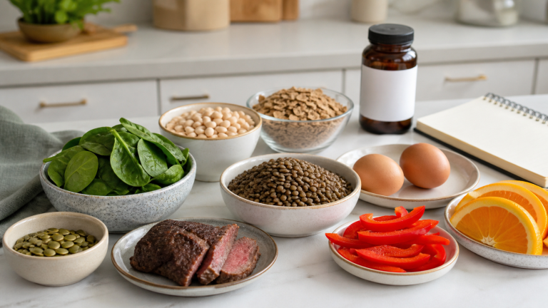 Iron-rich foods with lentils, spinach, beans, beef, eggs, seeds, cereal and vitamin C produce