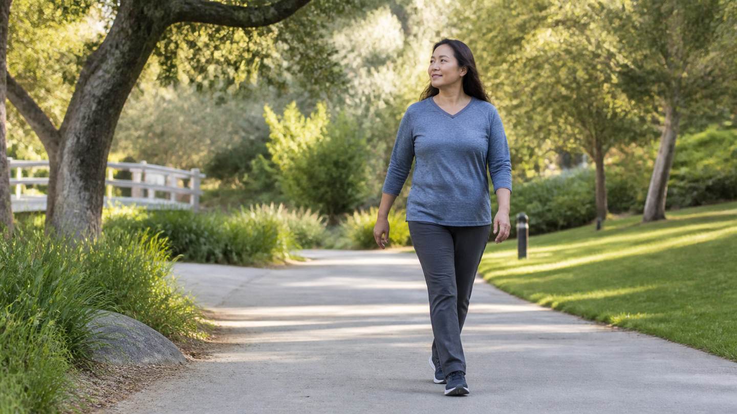 Mindfulness for beginners through mindful walking on a quiet tree-lined park path