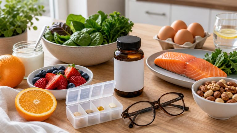Multivitamins for adults 40+ beside colorful whole foods on a kitchen table