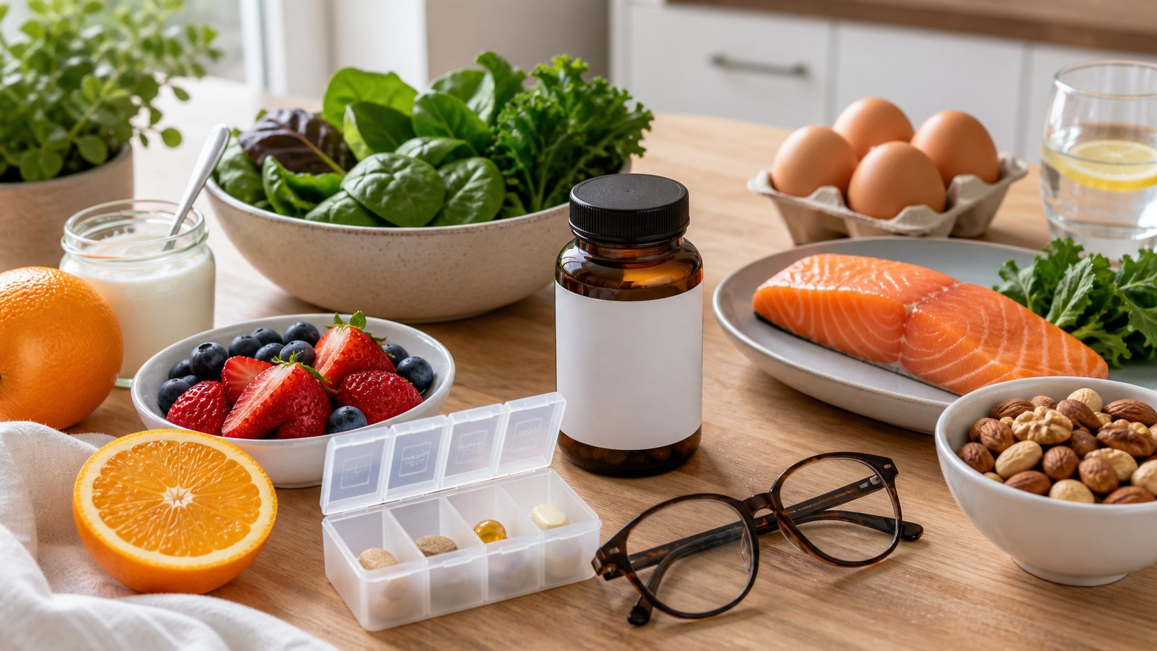 Multivitamins for adults 40+ beside colorful whole foods on a kitchen table