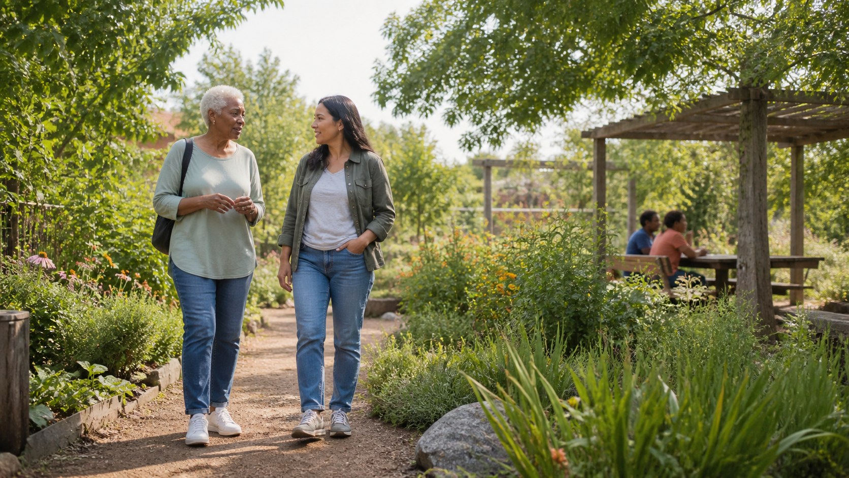 Two adults walking through a community garden for everyday nature exposure