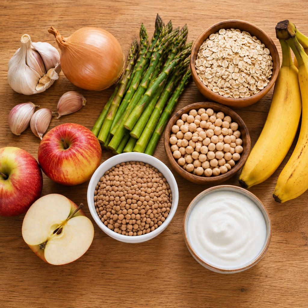 Prebiotic-rich foods including garlic, onion, asparagus, oats, bananas, apples, lentils, chickpeas, and yogurt