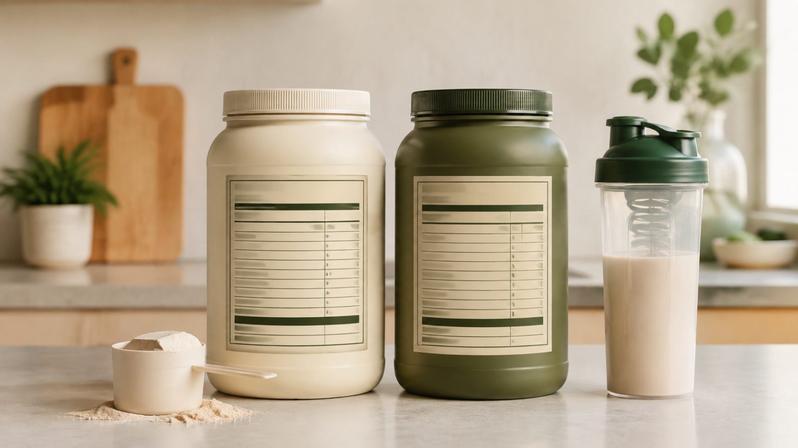 Two unbranded protein powder containers shown side by side for label comparison
