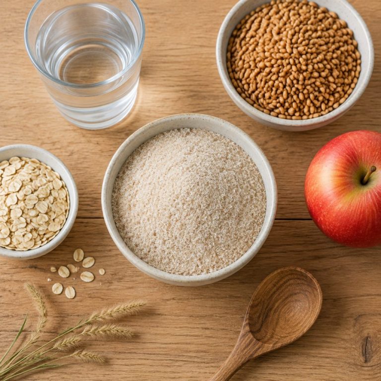 Psyllium husk with oats, an apple, water, and a wooden spoon