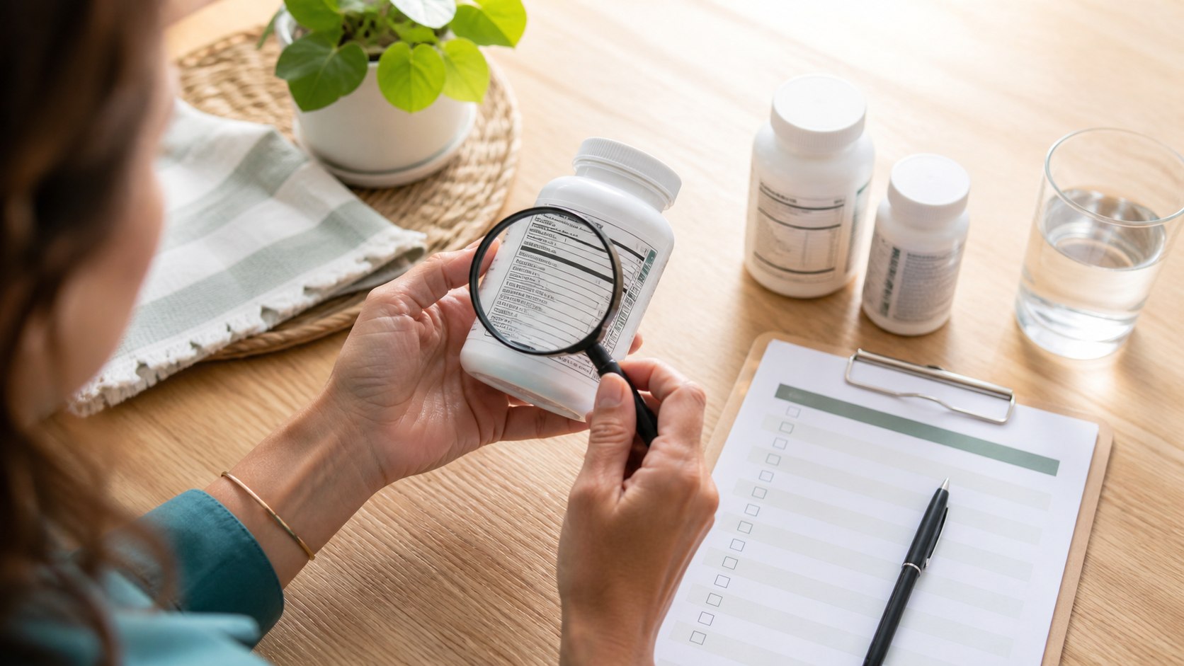 Adult using a magnifying glass to learn how to read supplement labels