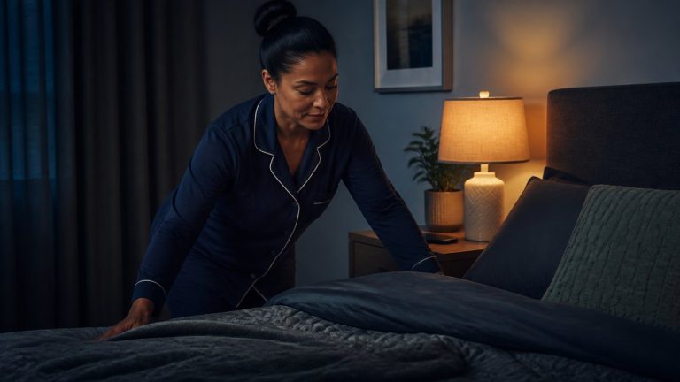 Sleep optimization bedtime routine in a calm, dark bedroom