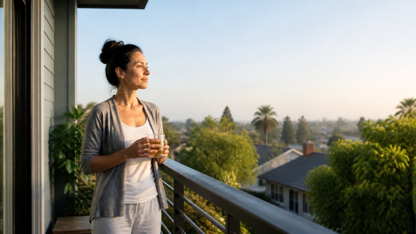 Sleep optimization routine with an adult getting natural morning light on a home balcony