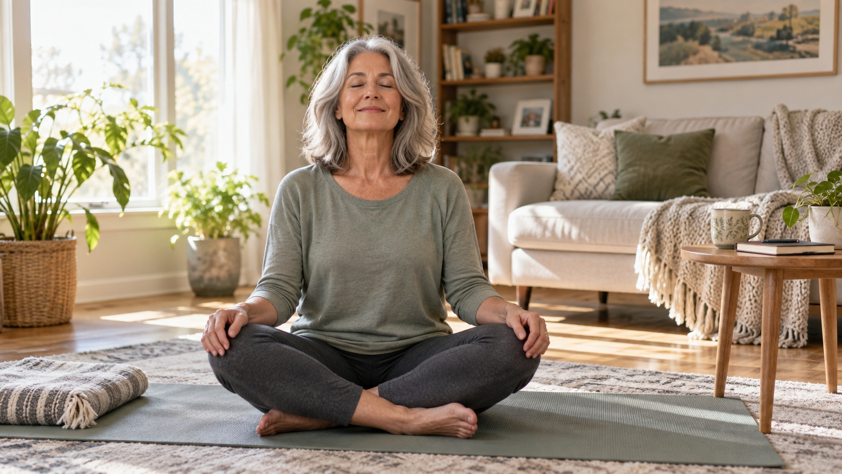 Adult over 50 practicing stress-relief habits at home