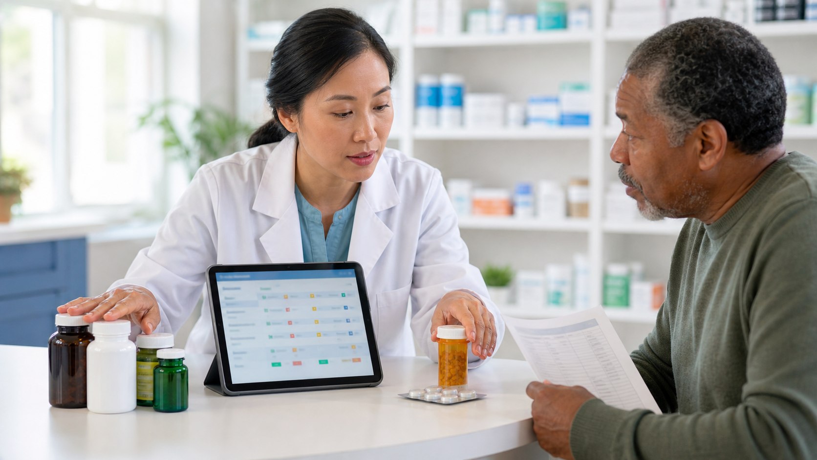Pharmacist checking supplement medication interactions with an adult patient