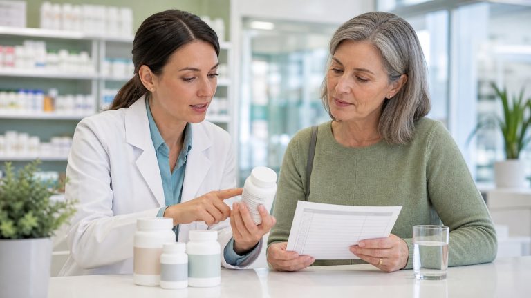 Pharmacist reviewing supplement safety and a medication list with an older adult
