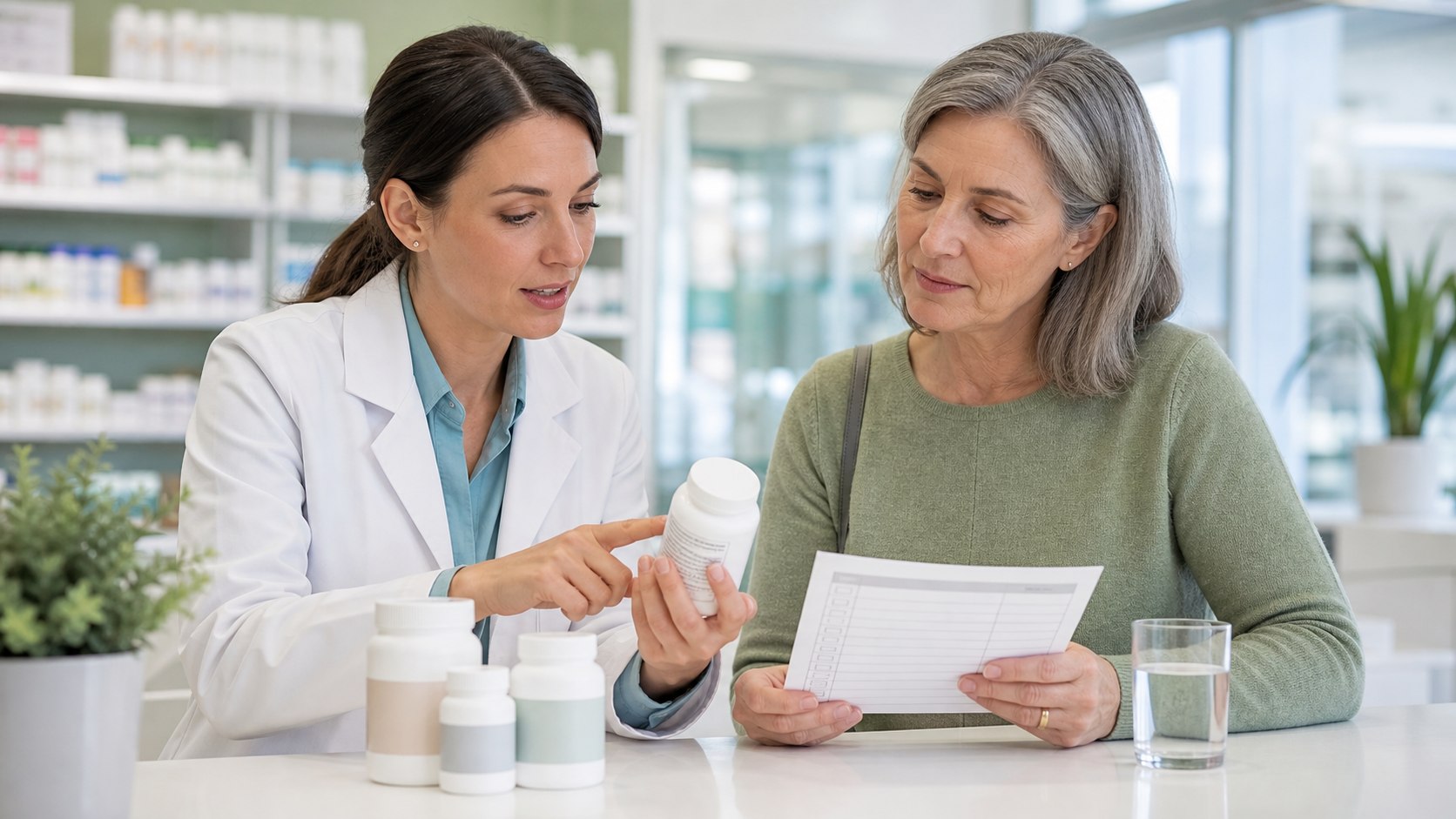 Pharmacist reviewing supplement safety and a medication list with an older adult