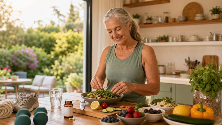 Supplements for healthy aging beside an active older woman preparing a nutritious meal