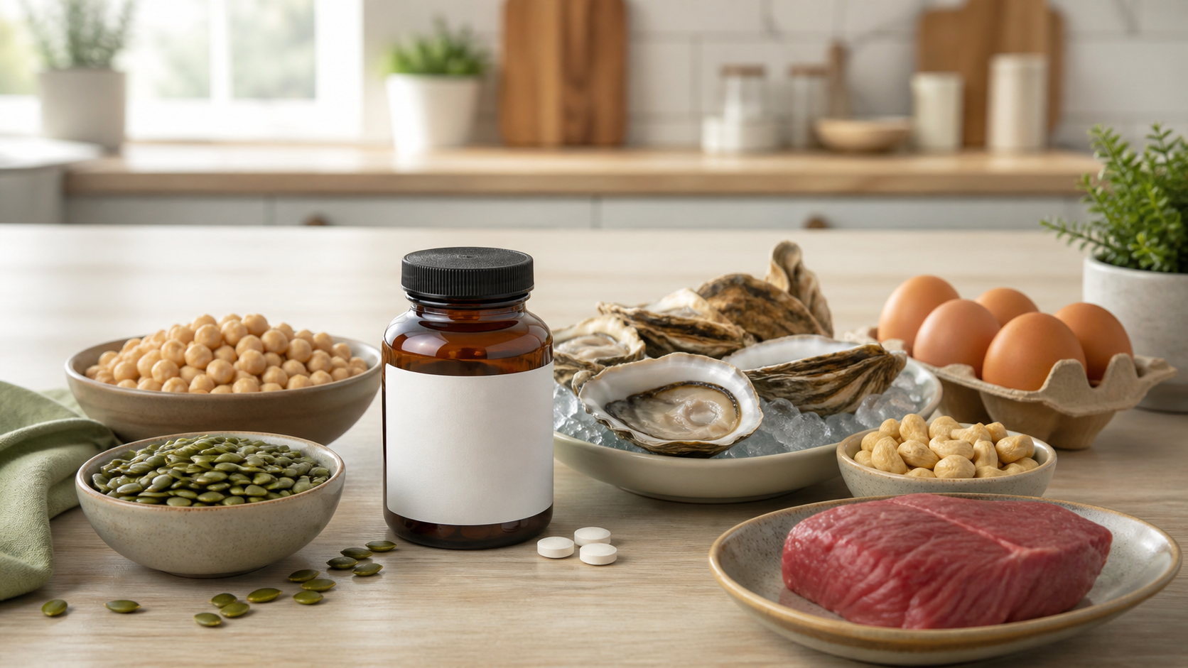 Unbranded zinc supplement bottle beside oysters, pumpkin seeds, chickpeas, eggs and beef