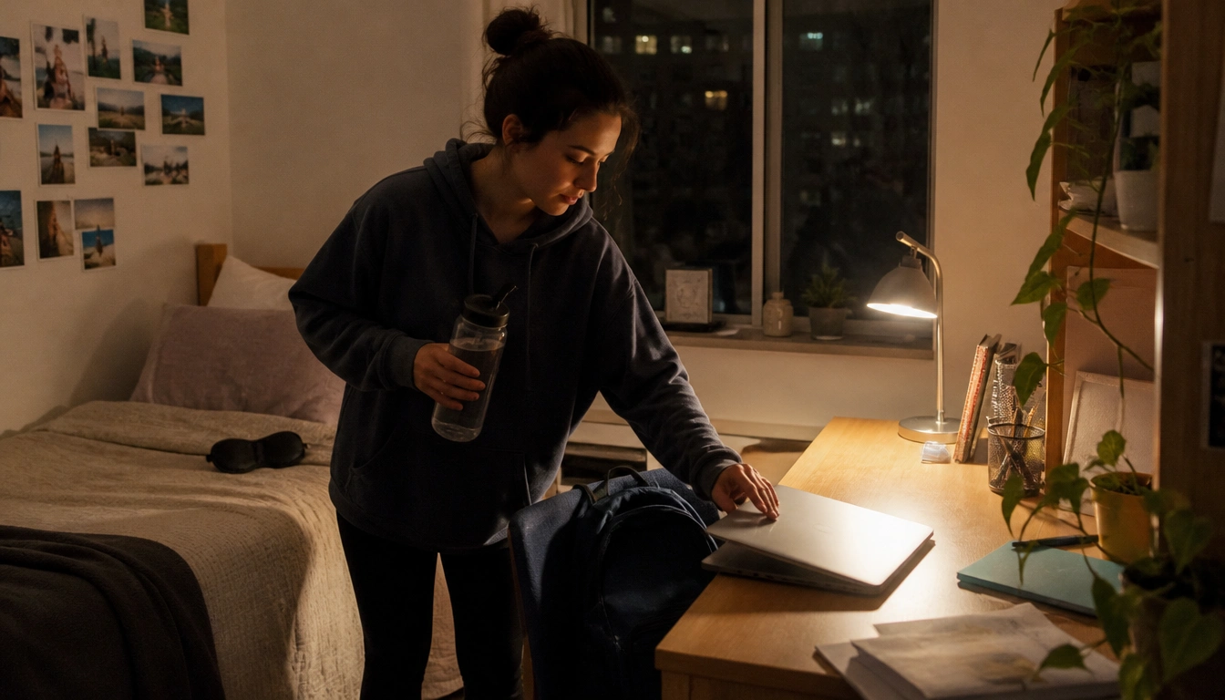 College student using a simple after-work recovery routine before bed in a dorm room
