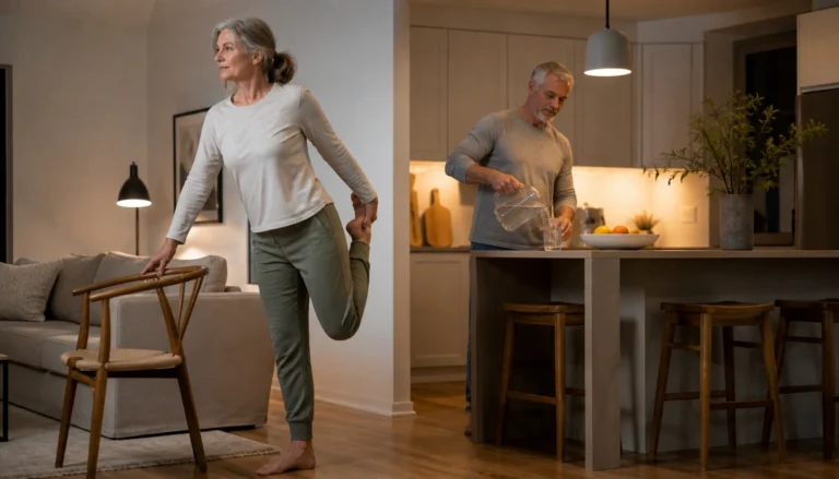 After-work recovery routine for adults over 50 with gentle movement, hydration, and a calm sleep setup