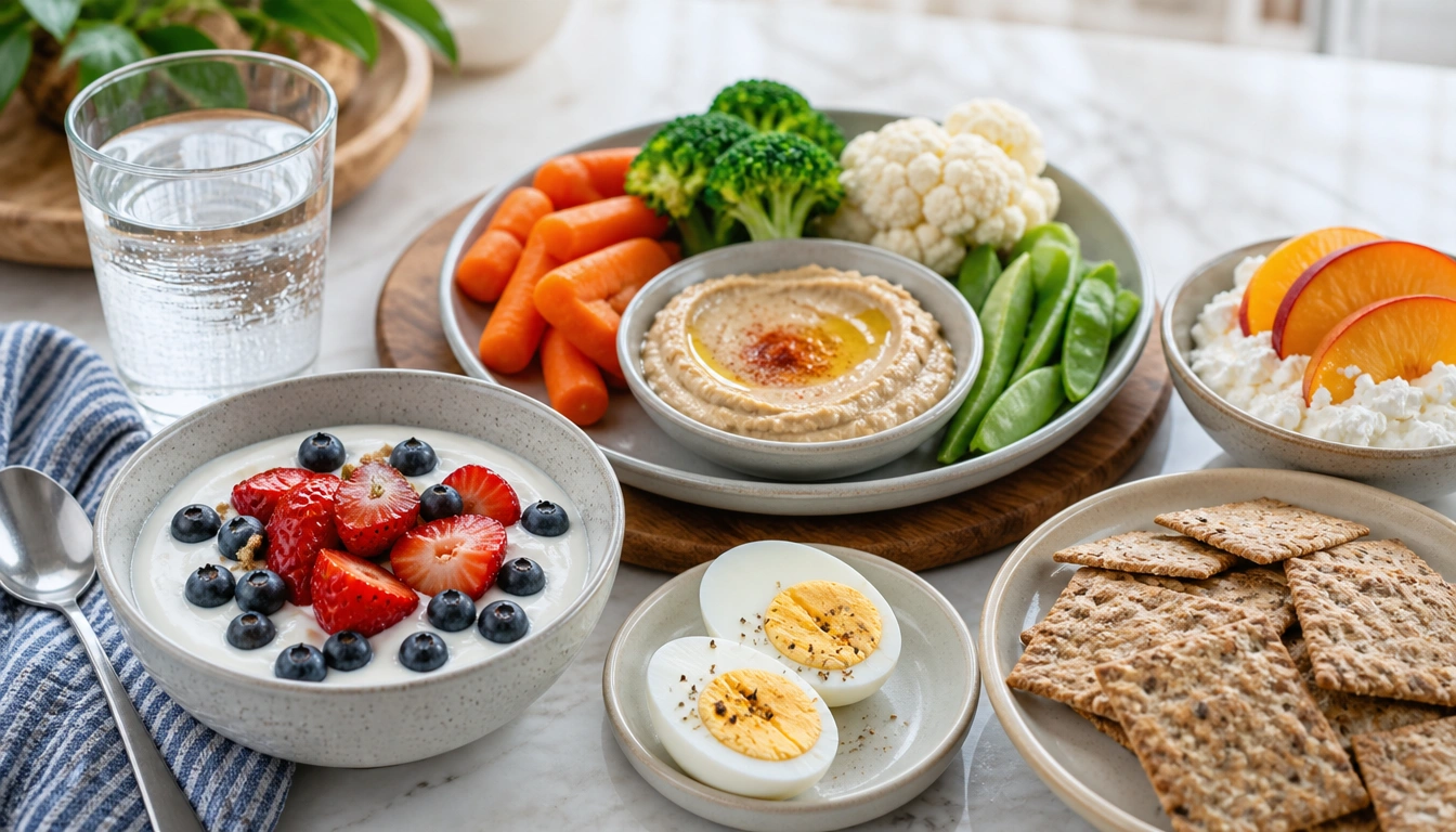 Balanced snack ideas for adults over 50 featuring protein and fiber options like Greek yogurt, eggs, and hummus