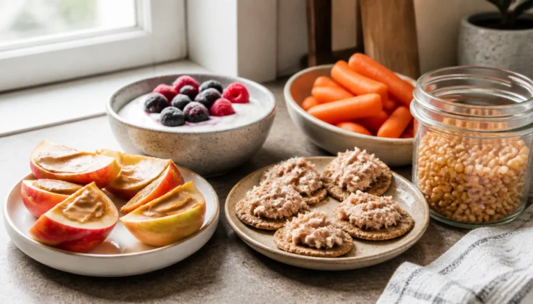 Examples of cheap, filling balanced snacks like peanut butter with apple slices and yogurt with fruit