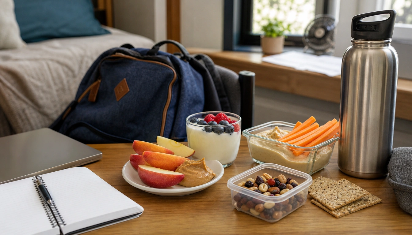 Dorm-friendly balanced snack ideas for college students, like fruit with nut butter and yogurt with berries.