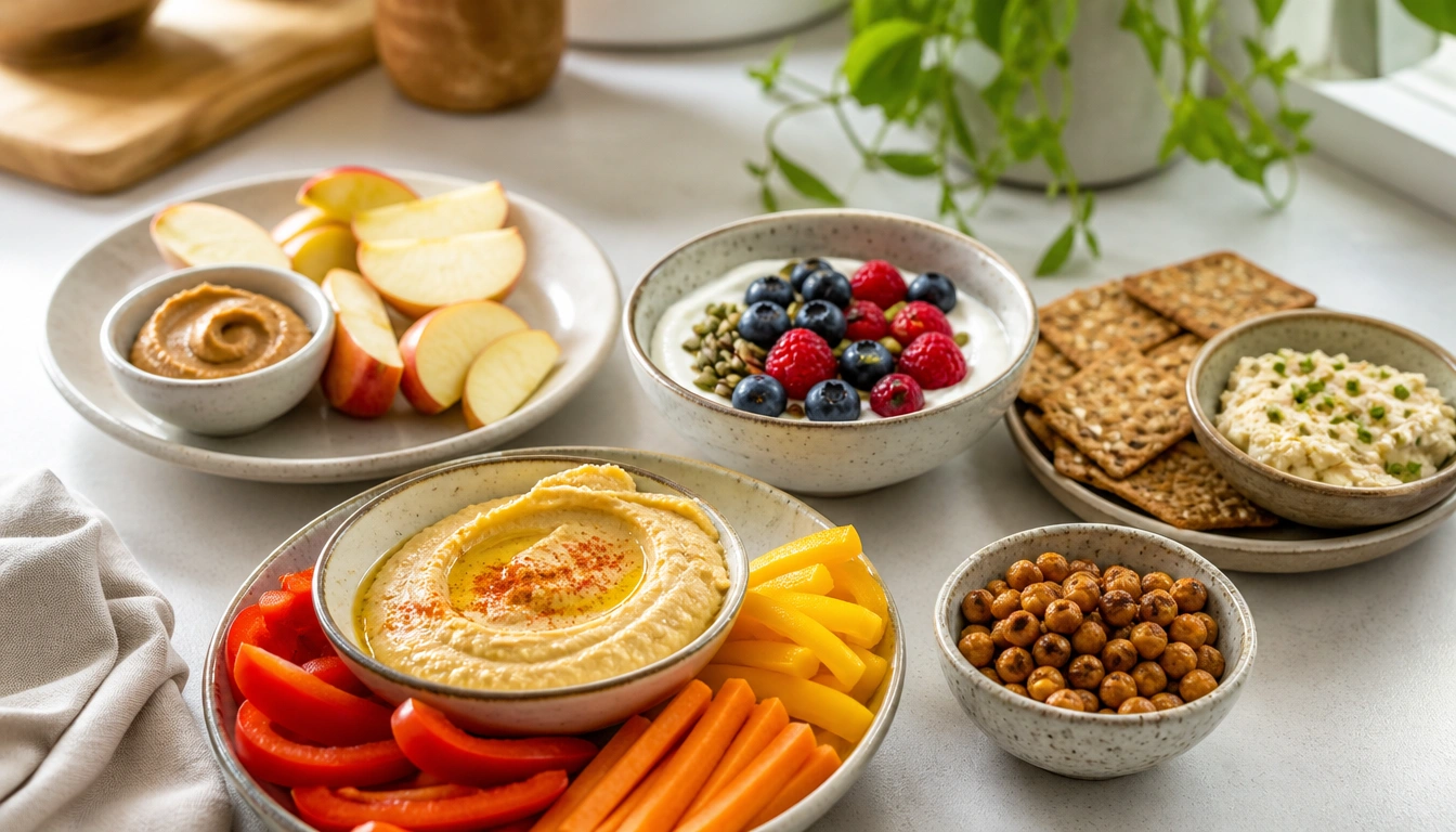 Balanced vegetarian snack ideas for beginners featuring hummus with vegetables, fruit, and yogurt options