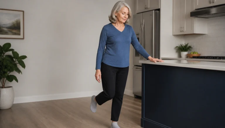 Beginner-friendly balance routine near a counter: supported weight shifts and heel-to-toe walking