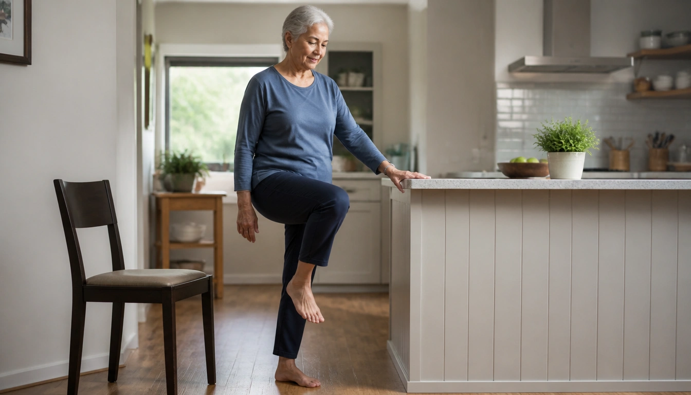 Beginner balance routine for adults over 50 with supported exercises near a sturdy chair for safety