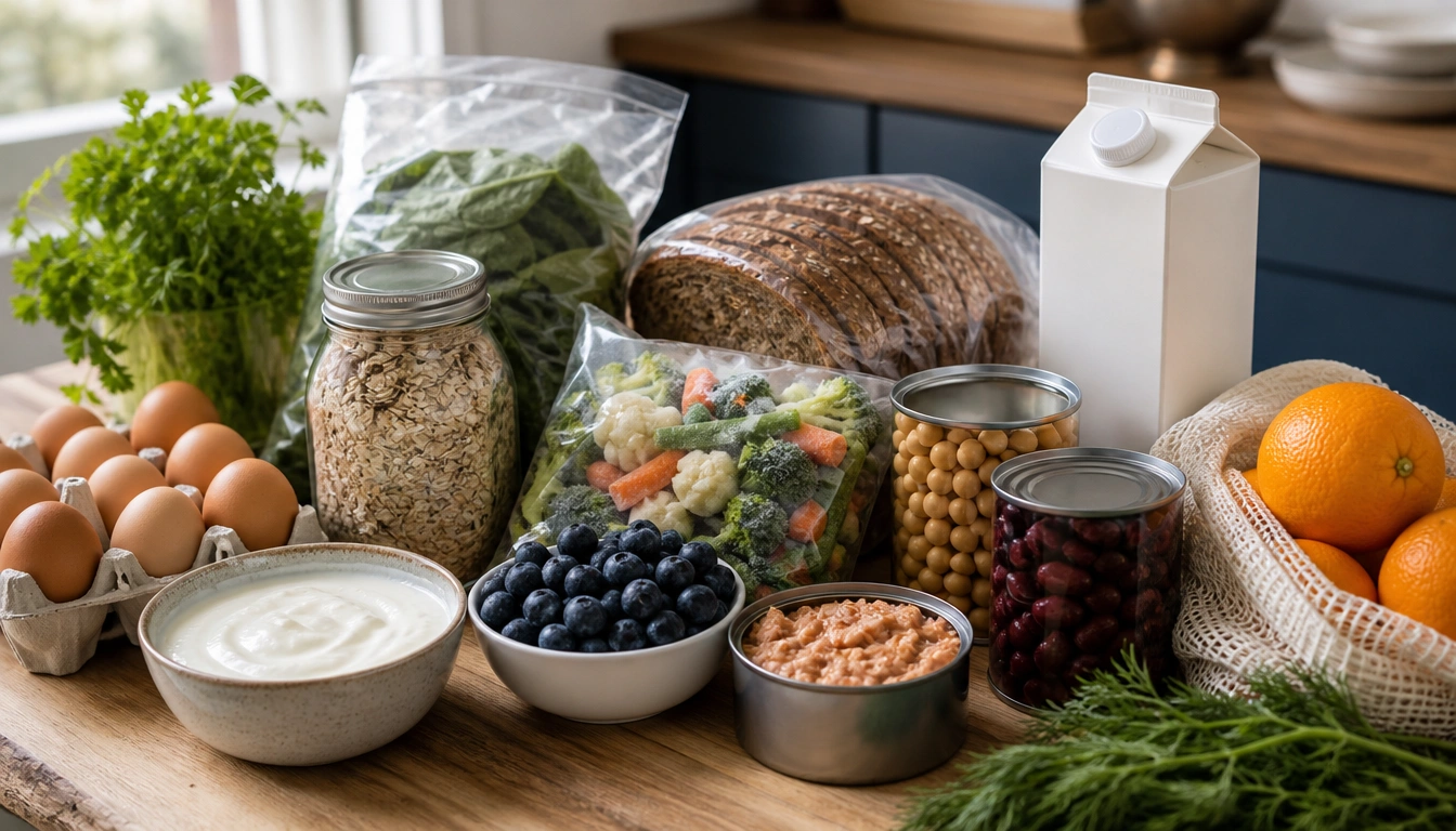 Shopping list essentials for a beginner grocery routine for adults over 50: protein, produce, fiber, and calcium/vitamin D