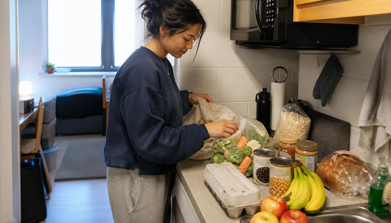 Beginner grocery routine for college students with budget-friendly staples and repeatable meal ingredients