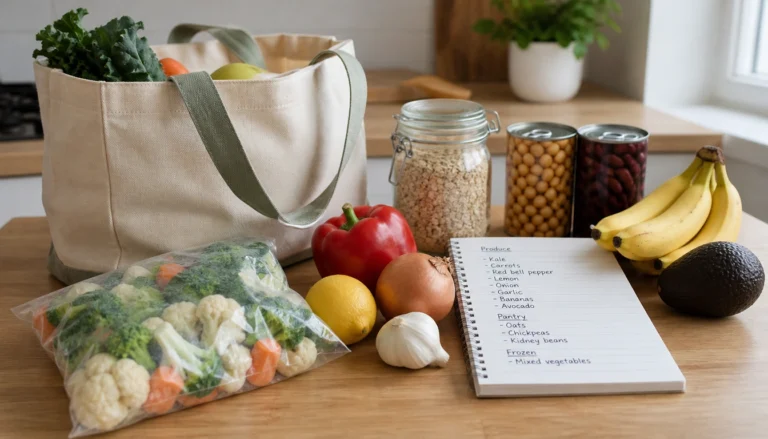 Beginner grocery routine guide showing a categorized shopping list and a cart stocked with produce, proteins, and whole