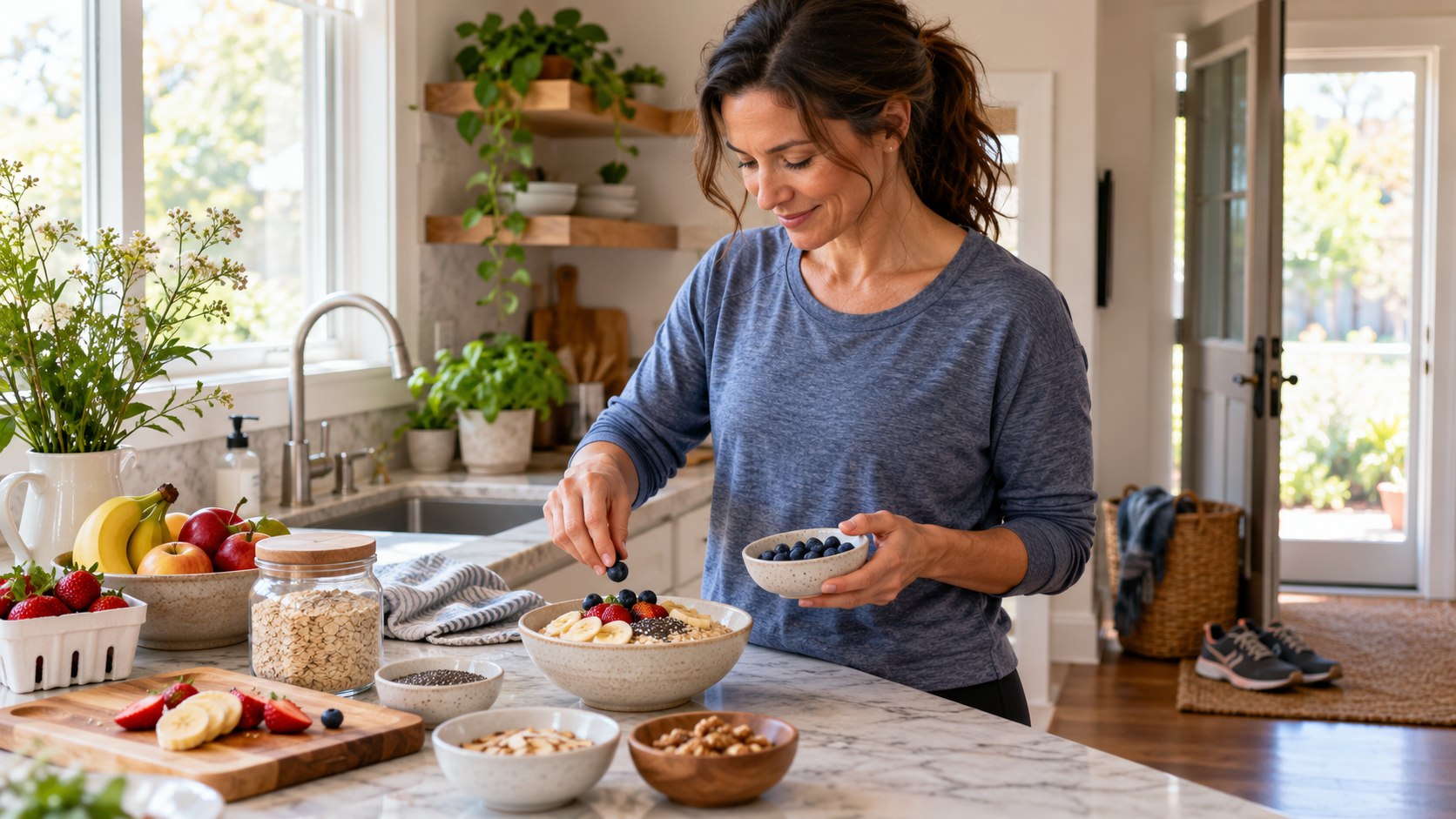 A woman prepares a fruit and oat breakfast at home, with walking shoes nearby.
