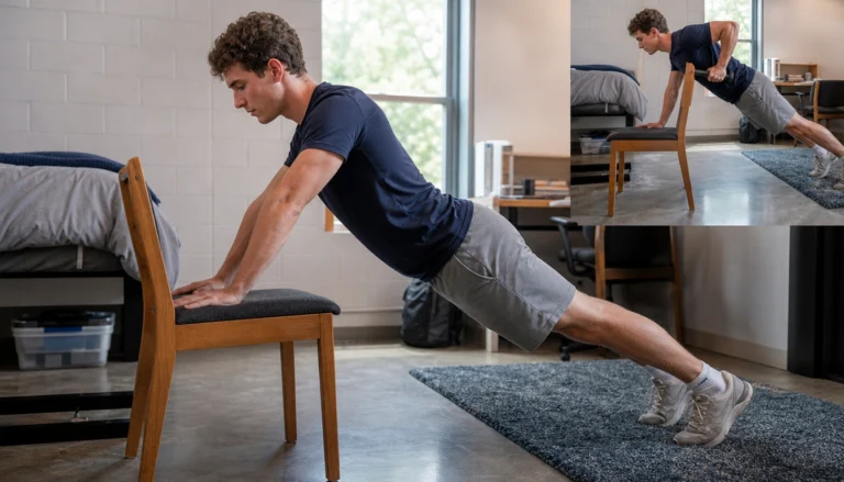 Dorm-friendly bodyweight strength progression plan for college students with push, pull, legs, and core exercises