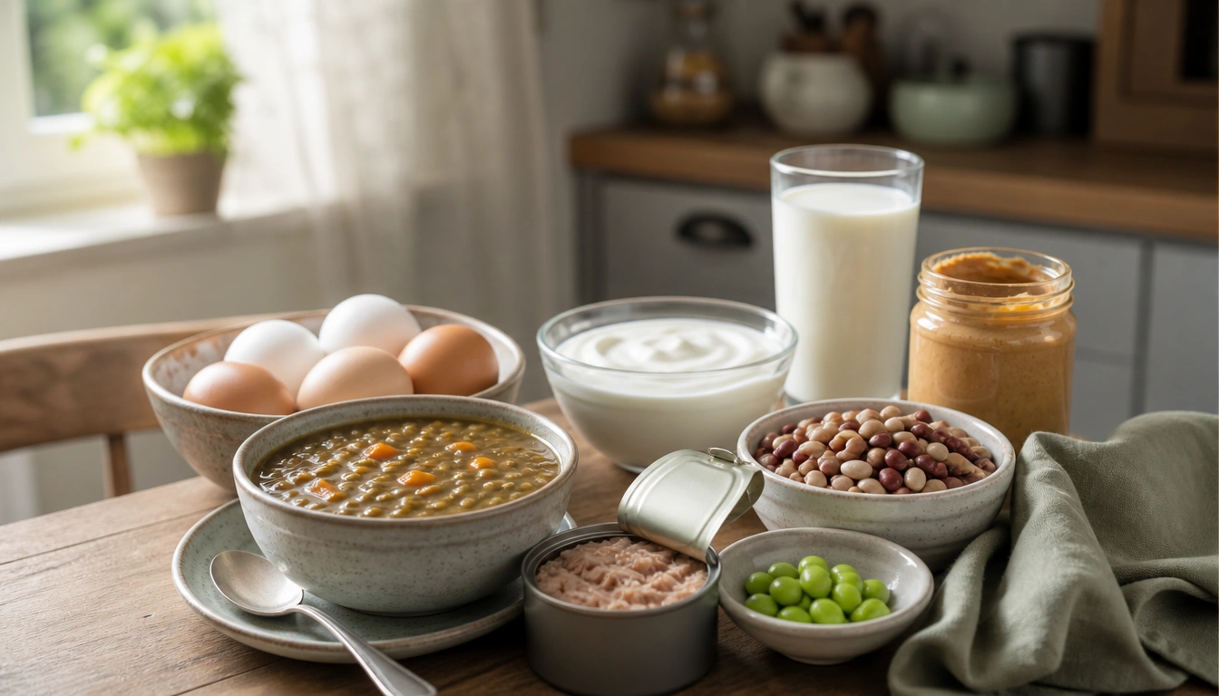 Low-cost protein foods for adults over 50 like eggs, beans, lentils, yogurt, and canned fish