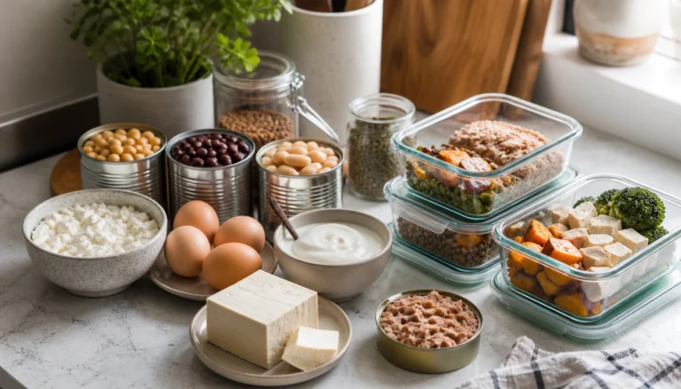 Budget protein foods guide featuring eggs, beans, yogurt, tofu, and canned fish for busy schedules