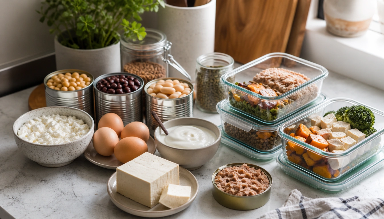Budget protein foods guide featuring eggs, beans, yogurt, tofu, and canned fish for busy schedules
