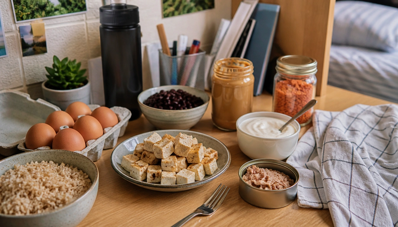 Budget protein foods for college students like eggs, beans, canned fish, yogurt, soy, and poultry in a dorm kitchen setup.