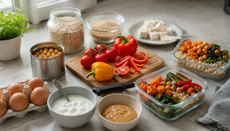 Budget-friendly vegetarian protein foods like lentils, tofu, eggs, yogurt, and oats for beginner meal planning