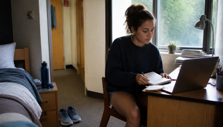 Student using a dorm bedside water bottle and checklist to build one healthy habit in college without getting overwhelmed.
