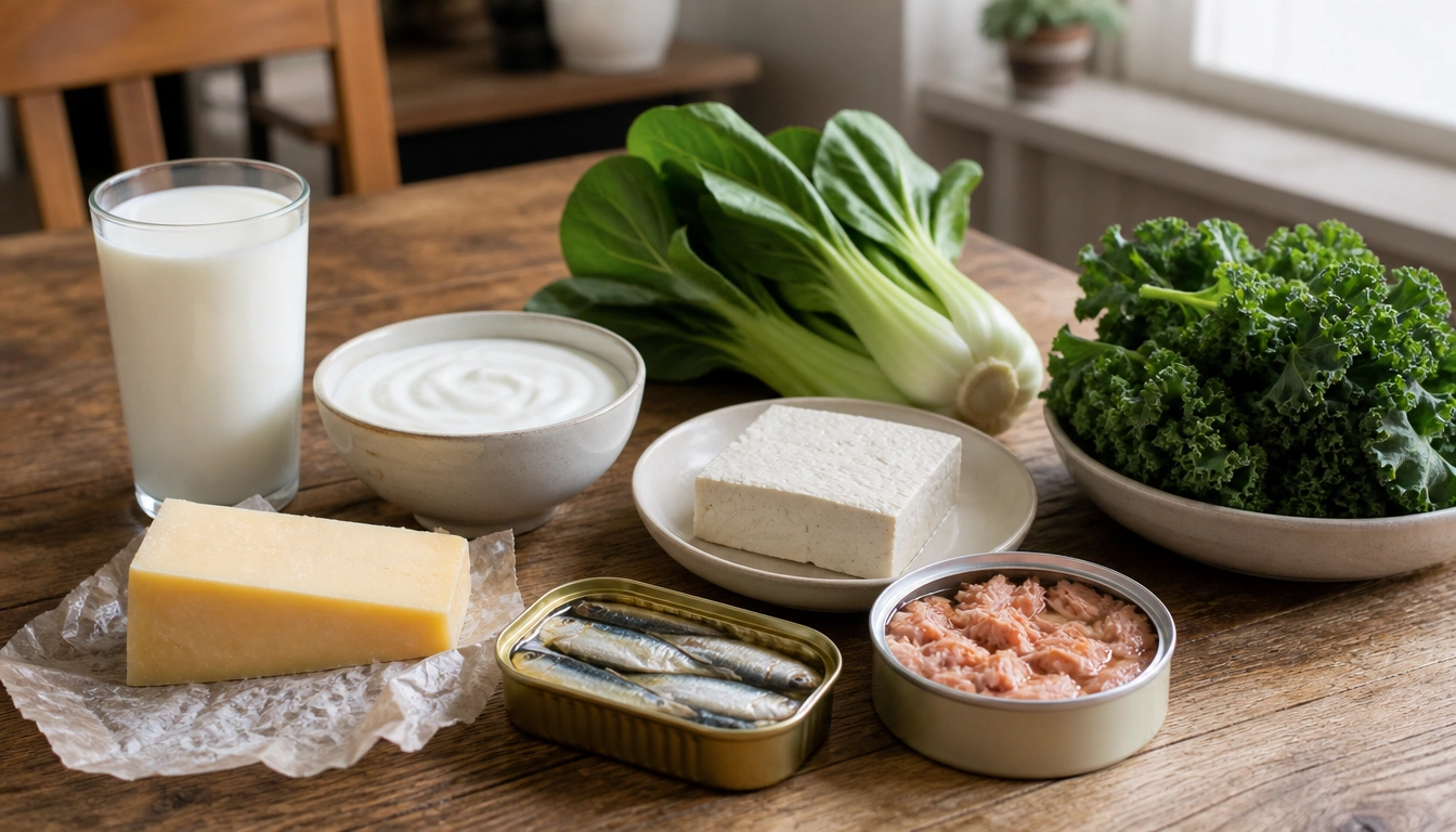 Budget-friendly calcium-rich foods without supplements: milk, yogurt, canned sardines with bones, tofu, and kale