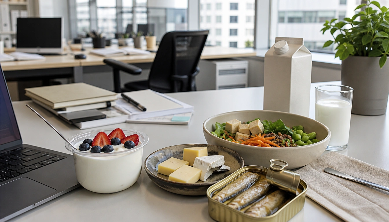 A selection of portable calcium-rich foods like yogurt, fortified milk, cheese, tofu, and canned salmon for busy