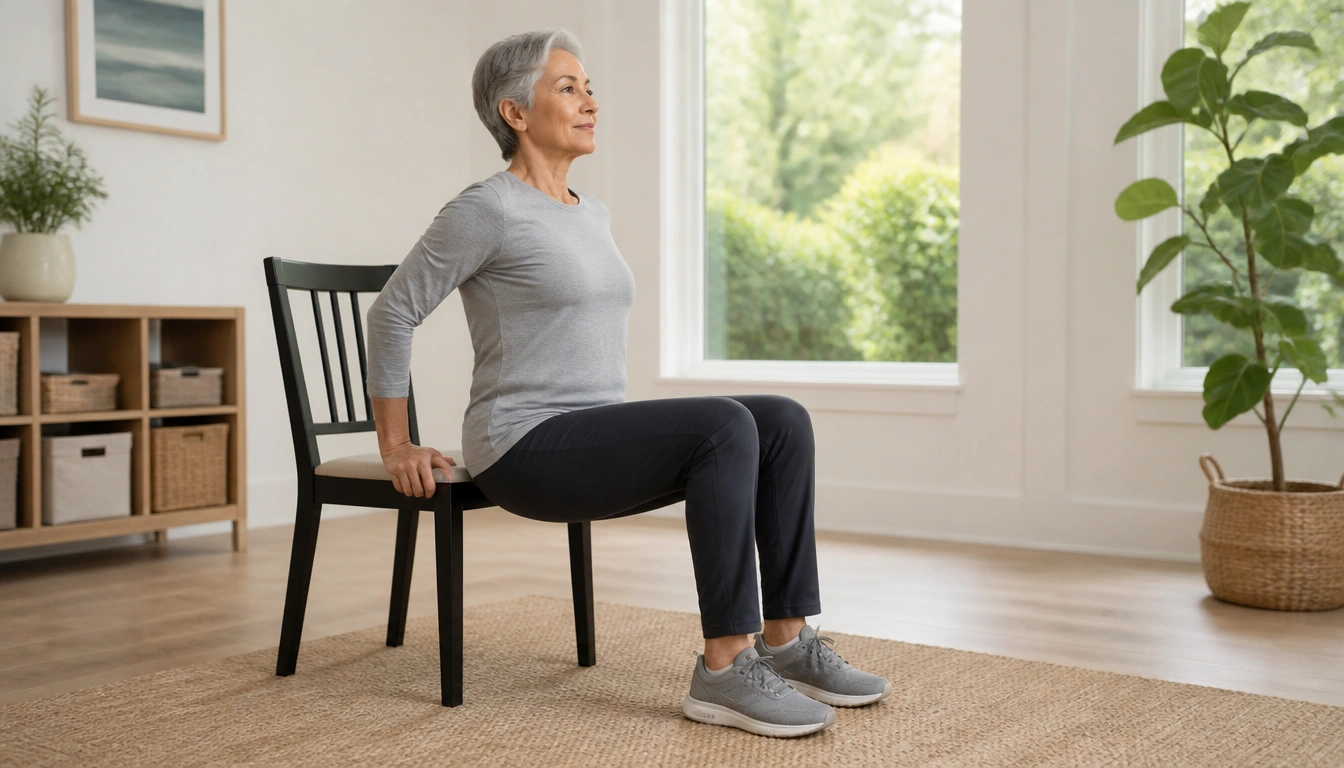 Beginner chair strength routine guide showing sit-to-stand and seated marching exercises with a stable armless chair.