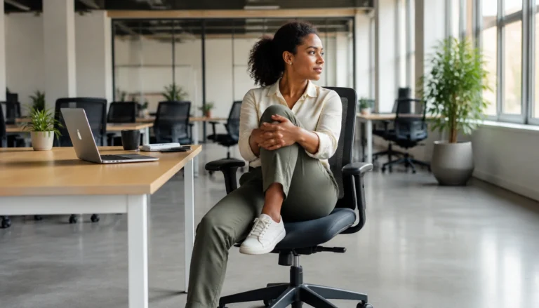 Follow a chair strength routine at your desk with sit-to-stands, seated marches, and shoulder-blade squeezes