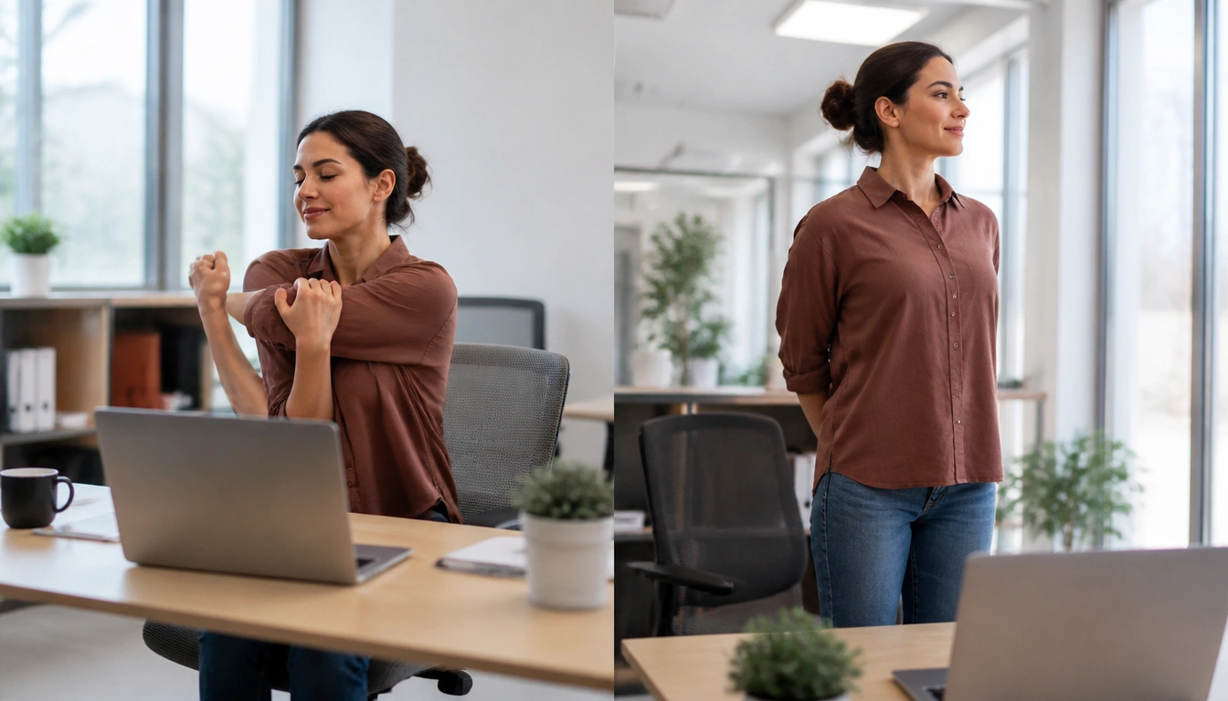 Beginner-friendly desk posture movement breaks: open hands, shoulder rolls, look away, and stand to walk