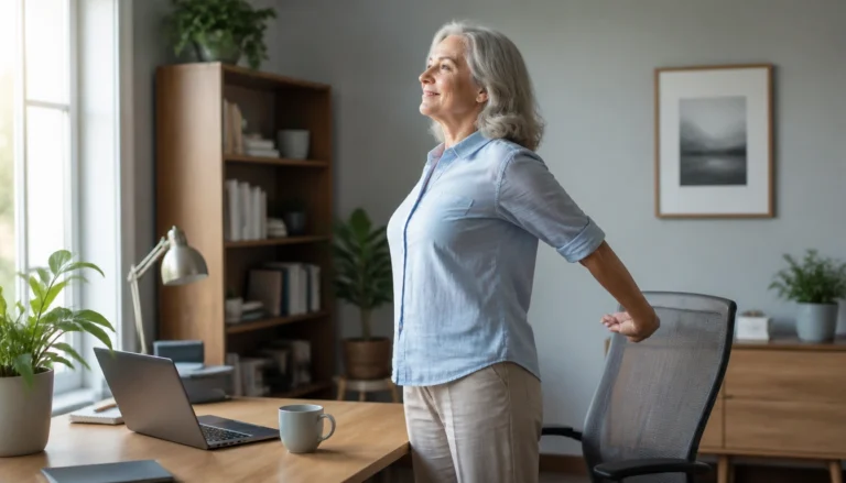 Simple desk posture movement break routine for adults over 50: standing, sit-to-stands, calf raises, balance