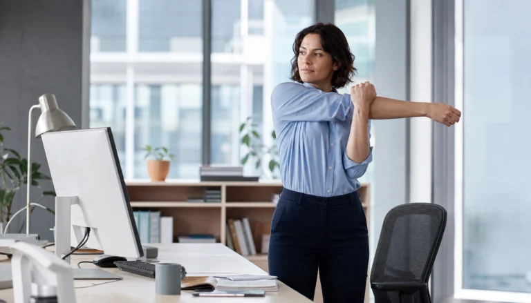 Office worker taking a quick desk posture movement break with shoulder rolls and gentle stretching