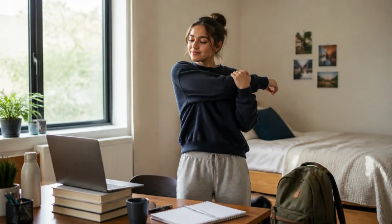 College student using a desk posture movement break to reduce neck and back strain while studying