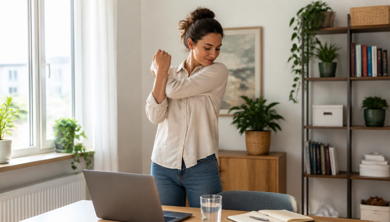 Stand and do simple posture resets at your desk—movement breaks for home exercisers during work hours