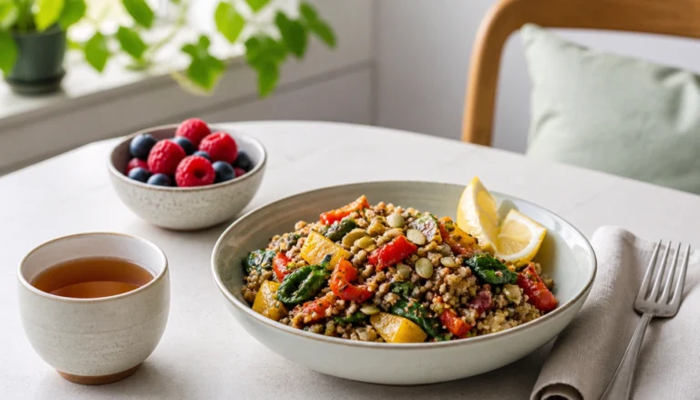 Lentil and tomato vegetarian bowl with lemon and peppers, showing easy iron-rich meal pairings for adults over 50
