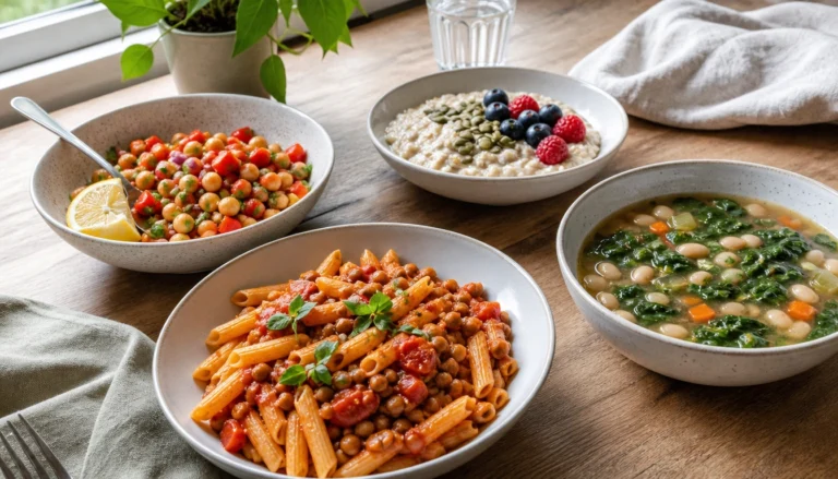 Beginner-friendly iron-rich vegetarian meals featuring beans, lentils, oats, seeds, and vitamin C fruits or vegetables